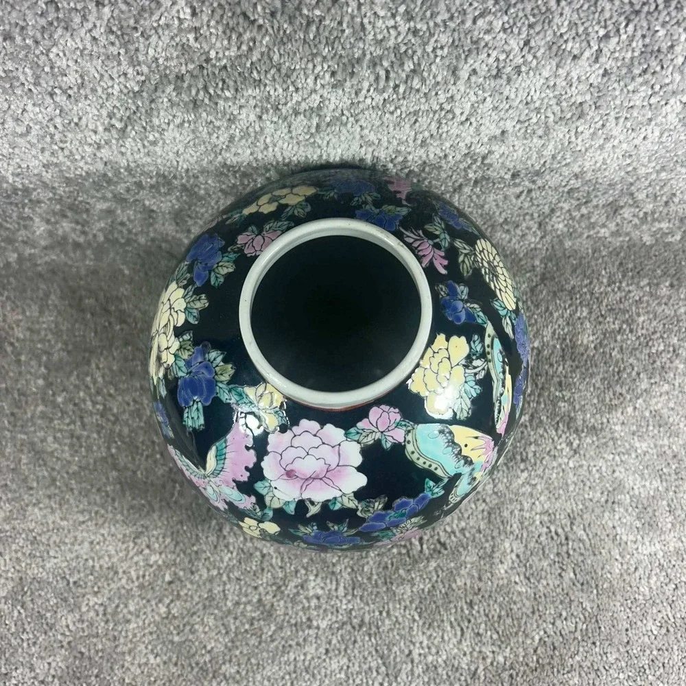 Ginger Jar Black Millefleur Butterfly Floral Decorative China 7in Modern